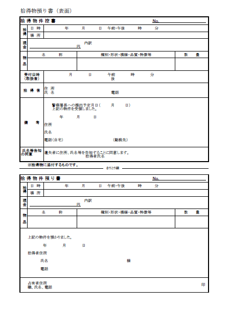 拾得物件預り書